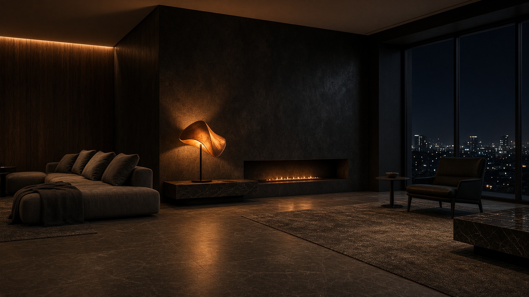 Quiet modern living room at night