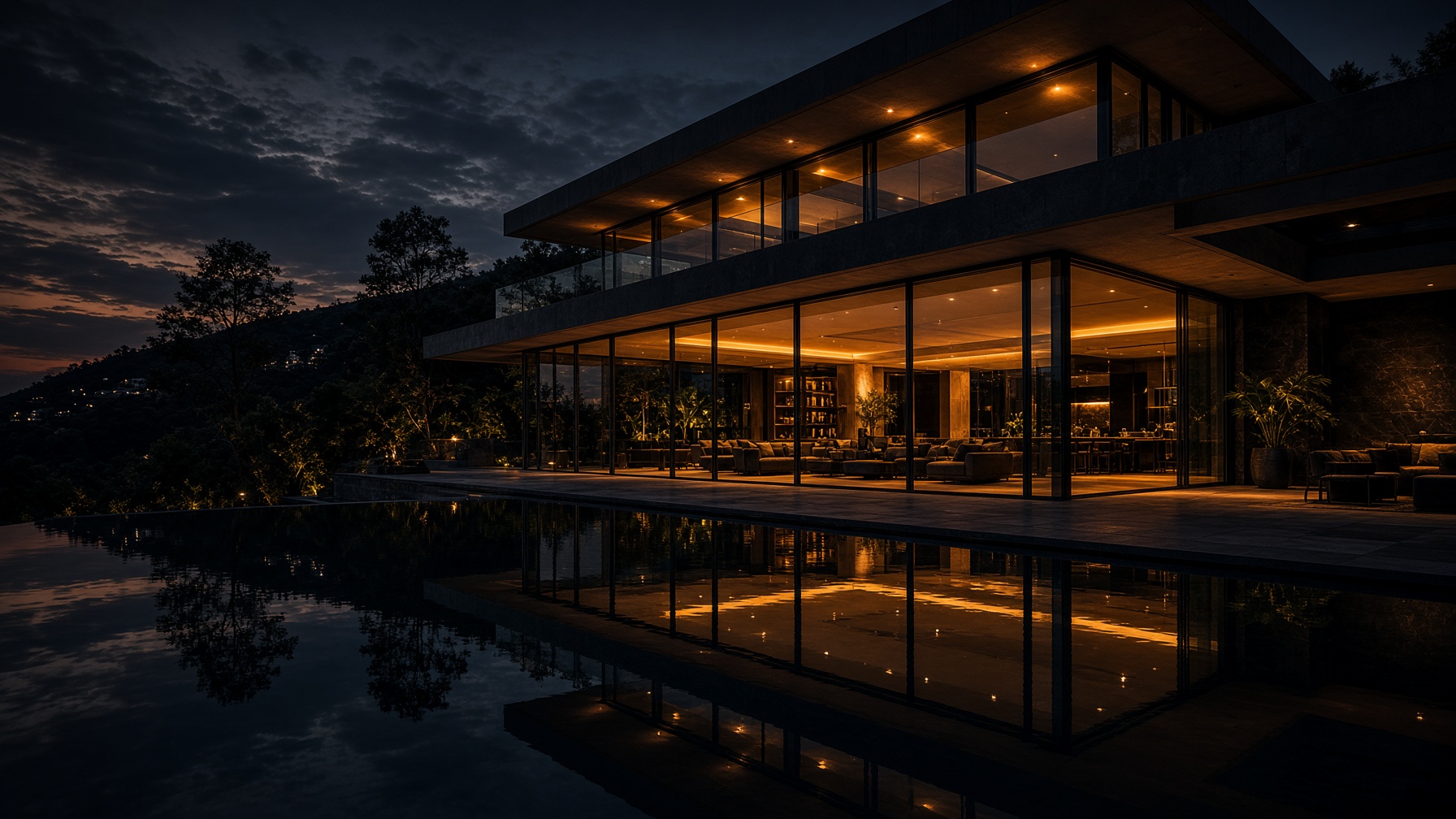 Glass house at dusk with warm interior light